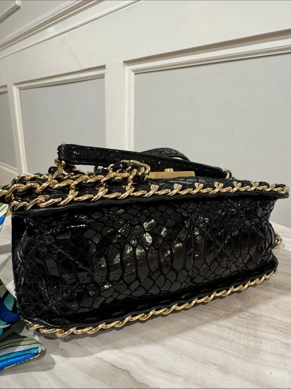 Michael Kors Bag Sloan Python Embossed Black Leather Convertible Crossbody